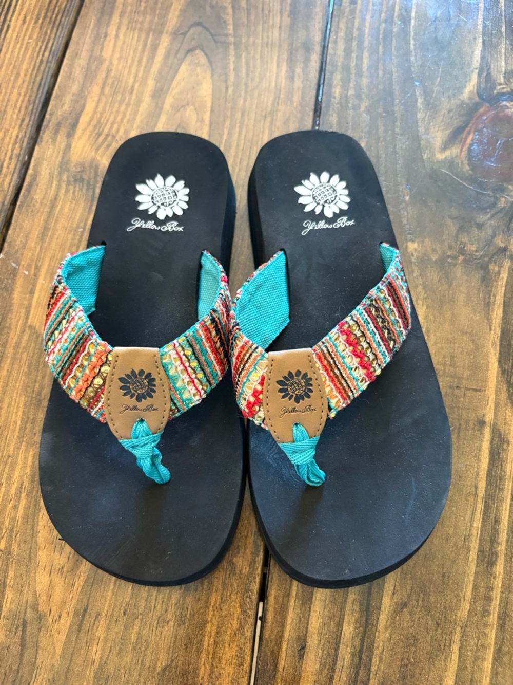 Yellow Box Teal and Multicolor Woven Strap Sandals
